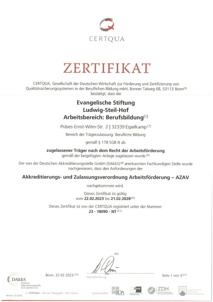 Zertifikat CERTQUA für Ludwig-Steil-Hof