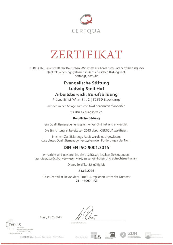 Zertifikat CERTQUA für Ludwig-Steil-Hof